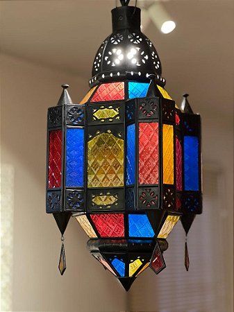 Luminária de Teto Marroquina - Metal e Vidro - Grafite e Colorido