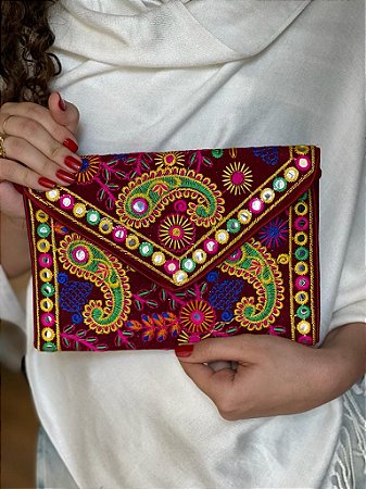 Bolsa Clutch - Tecido - Bordado - Vinho