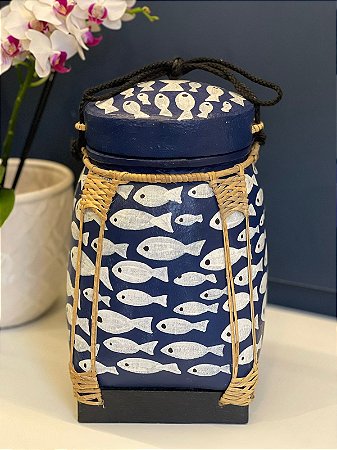 Cesto de Palha Com Tampa - Azul Marinho - 30Cm