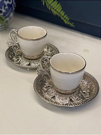 Xicara Turca - Par - Vidro - Prata e Branco
