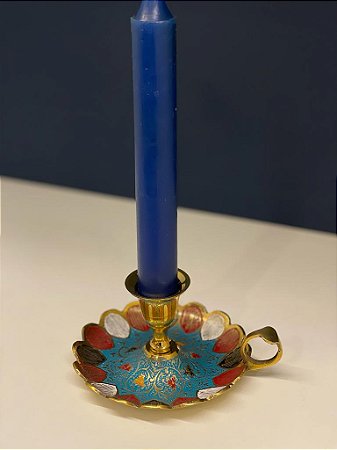 Porta Vela - Latão - Dourado -Flor - Azul Claro