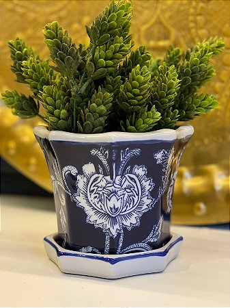 Cachepot em Ceramica - Azul e Branco - 15CM