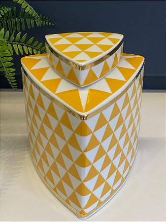 Potiche  - Ceramica - Amarelo e Branco - 19CM