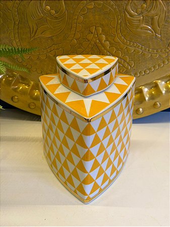 Potiche  - Ceramica - Amarelo e Branco - 19CM