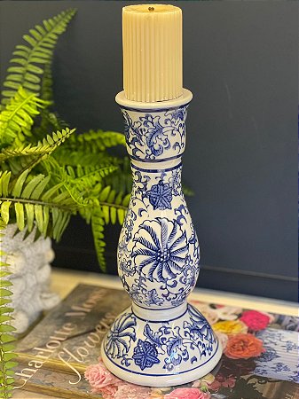 Castiçal - Porta Vela - Ceramica - Branco e Azul