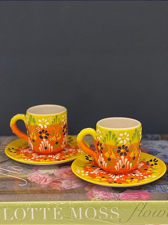 Xícara- Turca - Pintada a mão - Cerâmica - Par - Laranja e Amarelo