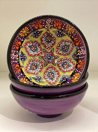 Bowl - Cerâmica - Turquia - Relevo - Roxo e Amarelo - Tamanho Médio