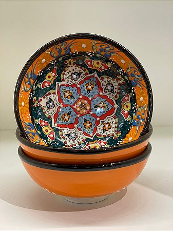 Bowl - Cerâmica - Turquia - Relevo - Laranja e Verde - Tamanho Médio