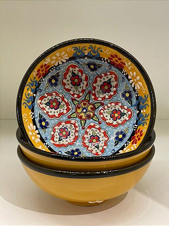 Bowl - Cerâmica - Turquia - Relevo - Amarelo e Azul - Tamanho Médio