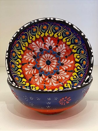 Bowl - Cerâmica - Turquia - Alto Relevo - Azul e Laranja - Tamanho Médio