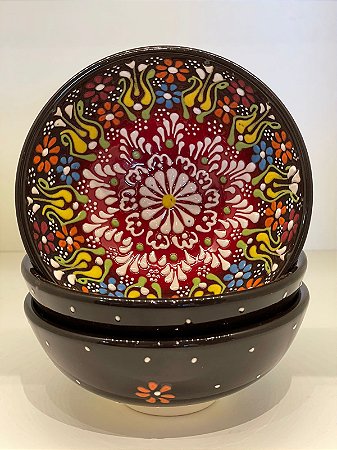 Bowl - Cerâmica - Turquia - Alto Relevo - Marrom e Vermelho - Tamanho Médio