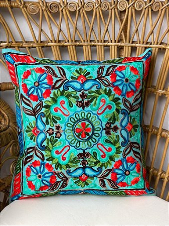 Capa de Almofada Bordada 45x45 Azul Turquesa
