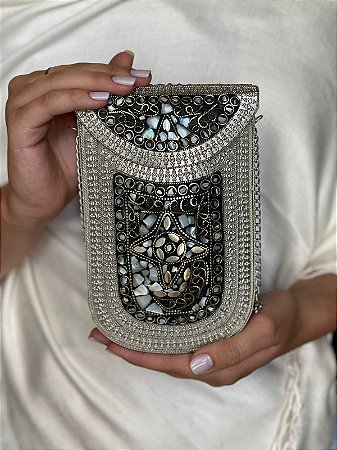 Bolsa Clutch em Metal - Prata e Madrepérolas -  Com Alça