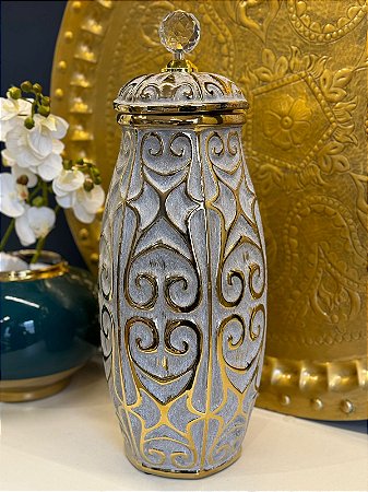Potiche - Ceramica - Cinza com Dourado - 46,5CM
