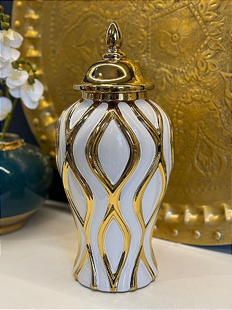 Vaso Potiche - Ceramica - Branco com Dourado - 37,5cm