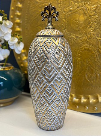 Vaso Potiche - Ceramica - Dourado e Cinza - 41CM