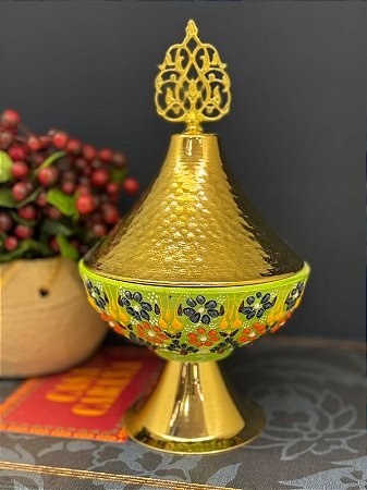 Tagine - Doceira Turca - Metal - Cerâmica Pintado à Mão - Dourado e Verde Claro