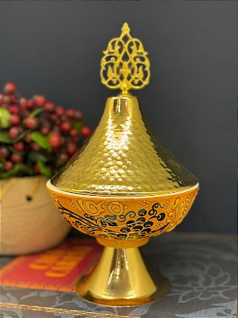 Tagine - Doceira Turca - Metal - Cerâmica Pintado à Mão - Dourado e Laranja