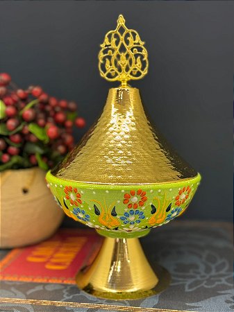 Tagine - Doceira Turca - Metal - Cerâmica Pintado à Mão - Dourado e Verde