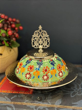 Tagine - Doceira Turca - Metal - Cerâmica Pintado à Mão - Prata e Verde Claro