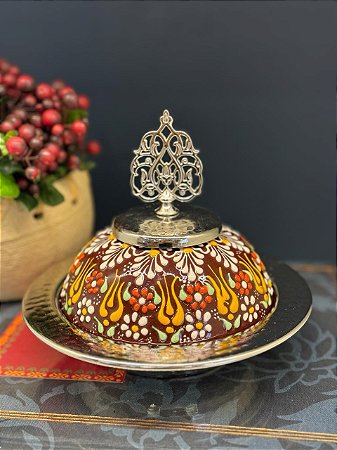 Tagine - Doceira Turca - Metal - Cerâmica Pintado à Mão - Prata e Marrom