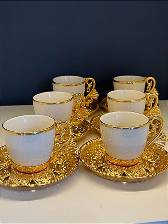 Jogo Xícara Turca - Conjunto 6 lugares - Dourado e Branco