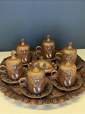 Jogo de Xícaras Turca com Bandeja - Metal - Cerâmica - Cobre Envelhecido