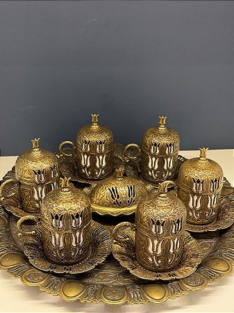 Jogo de Xícaras Turca com Bandeja - Metal - Cerâmica - Ouro Velho