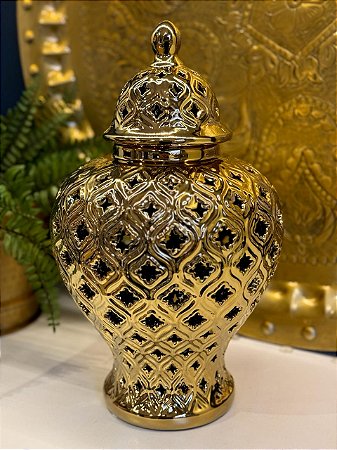 Potiche Decorativo - Ceramica - Dourado - 34CM