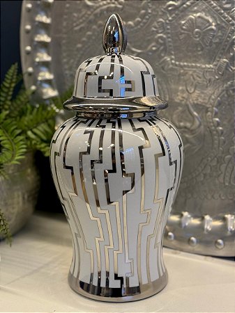 Potiche Decorativo - Ceramica - Branco e Prata - 37CM