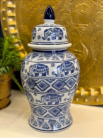 Potiche - Ceramica - Azul e Branco - Elefante - 37CM