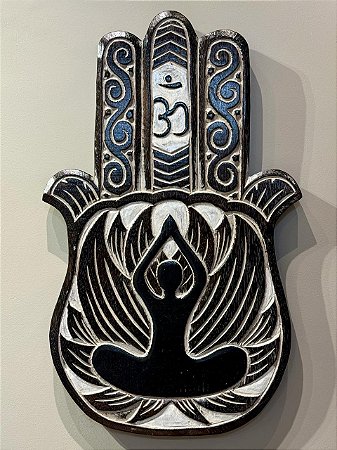 Hamsa - Mão de Fatima - Madeira - Pintado a mão - Marrom e Branco