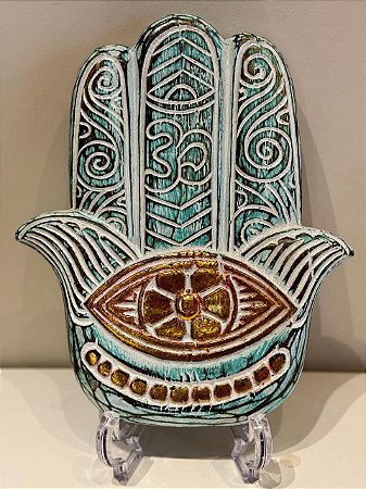 Hamsa - Mão de Fatima - Madeira - Pintado à mão - Verde e Branco - P