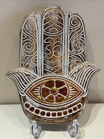 Hamsa - Mão de Fatima - Madeira - Pintado à mão - Marrom e Branco - P
