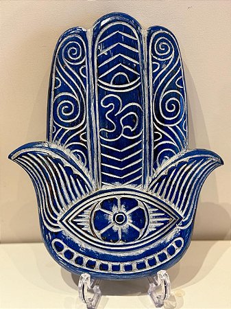 Hamsa- Mão de Fatima - Madeira - Pintado a mão - Azul e Branco - M