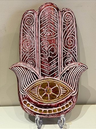 Hamsa- Mão de Fatima - Madeira - Pintado a mão - Rosa e Branco - G