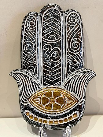 Hamsa- Mão de Fatima - Madeira - Pintado a mão - Marrom e Branco - G