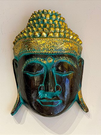 Cabeça Buda Esculpido - Madeira - Pintado à mão - Verde e Dourado