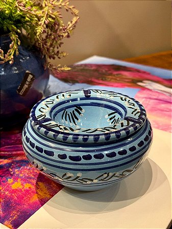 Cinzeiro Marroquino - Pintado á mão - Azul Claro - G