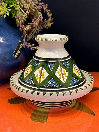 Tagine Saleiro Marroquino - Ceramica - Pitando à mão - Branco e Verde