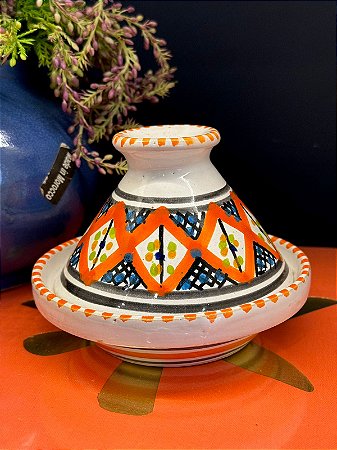 Tagine Saleiro Marroquino - Ceramica - Pitando à mão - Branco e Laranja