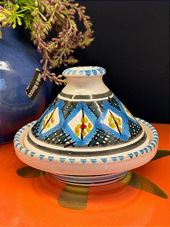 Tagine Saleiro Marroquino - Ceramica - Pitando à mão - Branco e Azul Claro