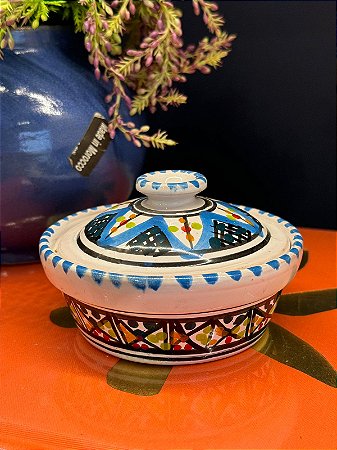 Tagine Saleiro Marroquino - Ceramica - Pitando à mão - Branco e Azul