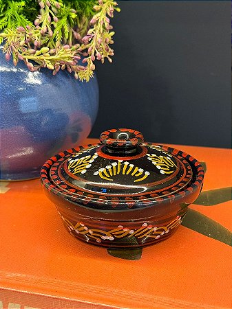 Tagine Saleiro Marroquino - Ceramica - Pitando à mão - Preto, Vermelho e Amarelo