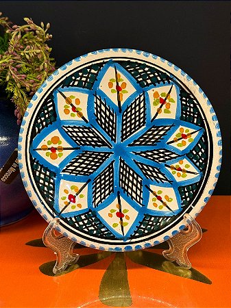 Prato de Parede Mini - Tunísia - Decorativo - Cerâmica - Pintado à mão -  Azul Claro e Colorido