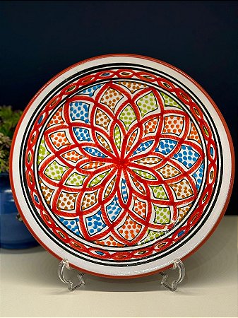 Prato de Parede Médio - Tunísia - Decorativo - Cerâmica - Pintado à mão - Vermelho e Colorido