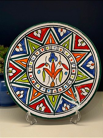 Prato de Parede Médio - Tunísia - Decorativo - Cerâmica - Pintado à mão - Verde e Colorido