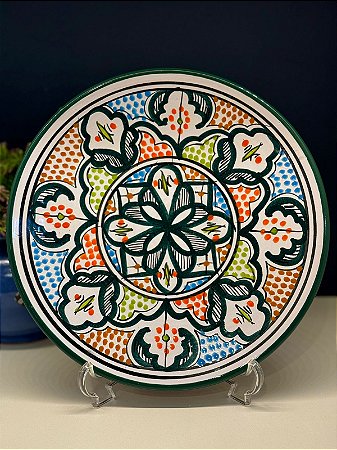 Prato de Parede Médio - Tunísia - Decorativo - Cerâmica - Pintado à mão - Verde e Colorido