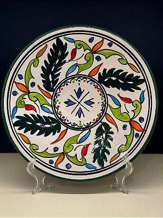 Prato de Parede Grande - Tunísia - Decorativo - Cerâmica - Pintado à mão - Verde e Colorido