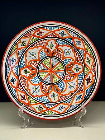 Prato de Parede Grande - Tunísia - Decorativo - Cerâmica - Pintado à mão - Verde Claro e Colorido